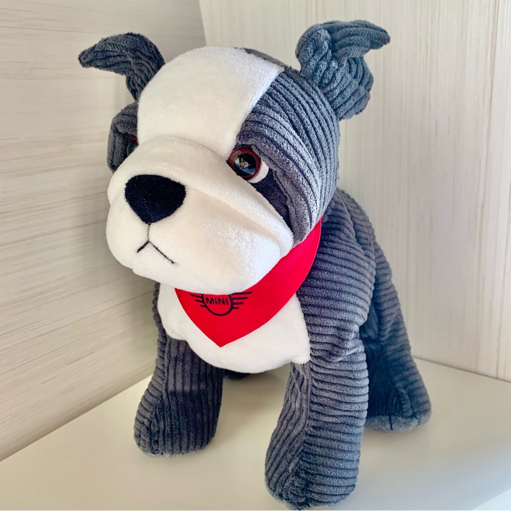MINI Cooper BMW Bulldog Stuffed Animal Plush Toy Gray White Red Bandanna